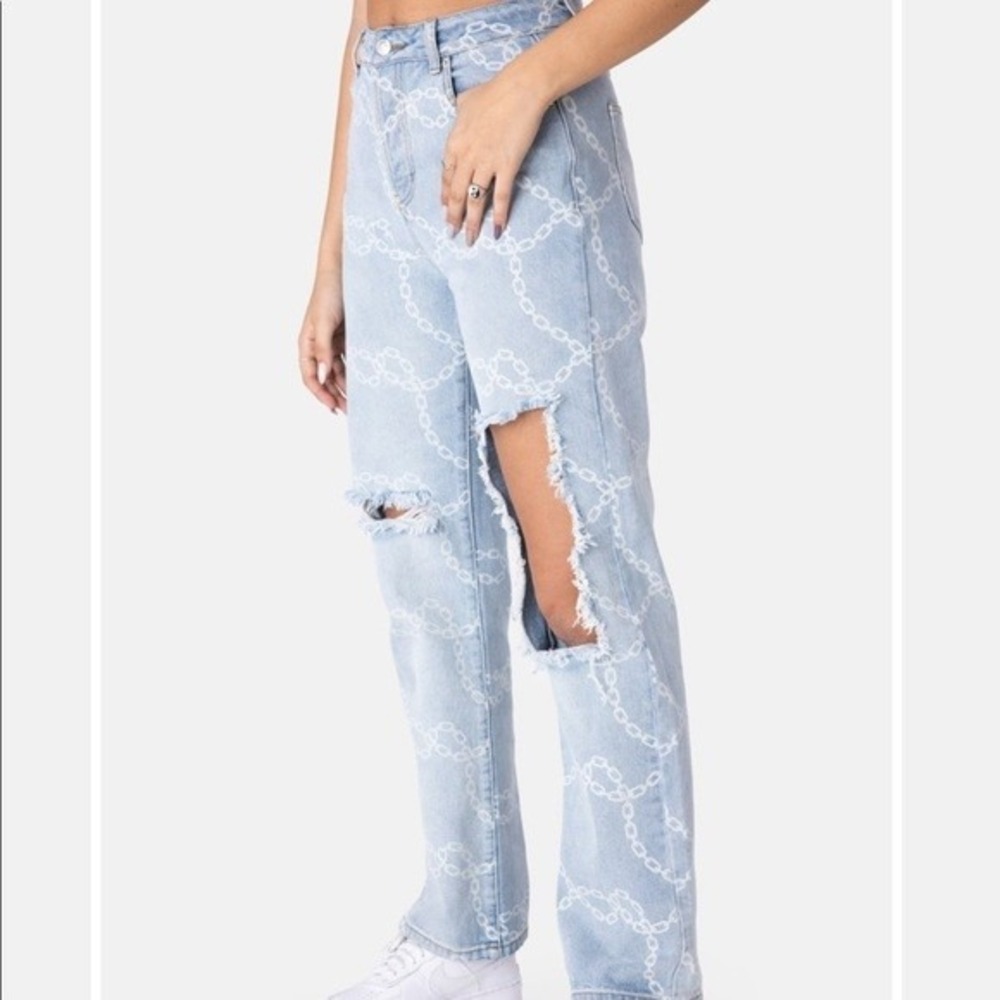 Adika Destroyed Chain Print Graphic High Waisted Straight Leg Ripped Jeans